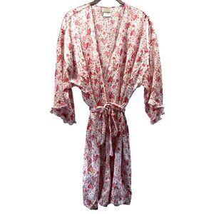LA Intimates Belted Robe Size L Pink Red Satin Hearts Pockets 3/4 Ruffle Sleeves